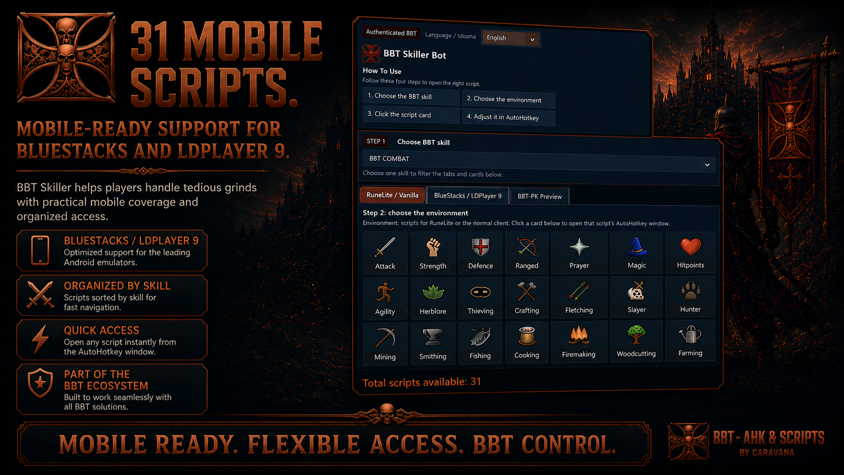 BBT-Skiller BOT interface with OSRS skilling scripts, mobile scripts and skill training scripts