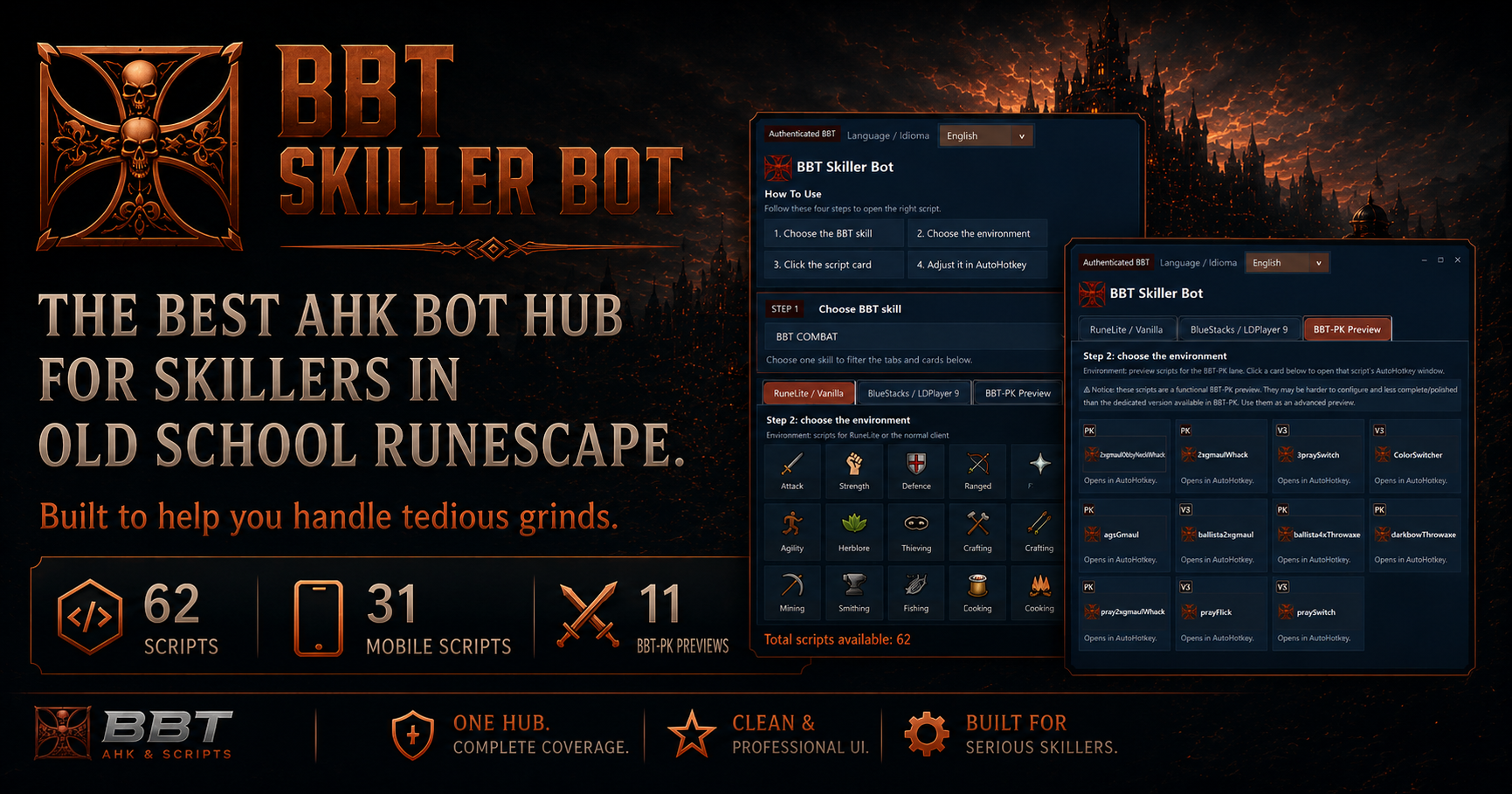 BBT-Skiller BOT interface with OSRS skilling scripts, mobile scripts and skill training scripts