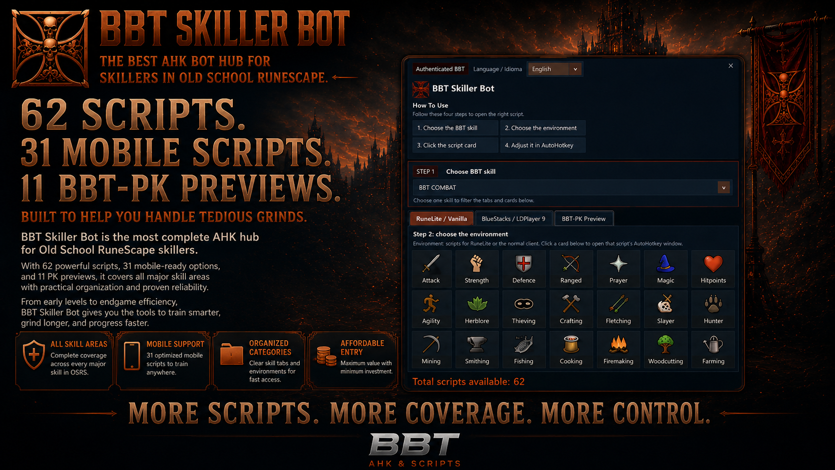 BBT-Skiller BOT interface with OSRS skilling scripts, mobile scripts and skill training scripts